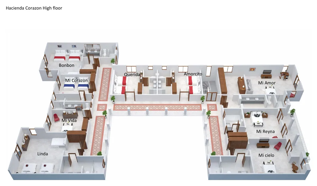 Floor plan of Hacienda Corazón with the suite names