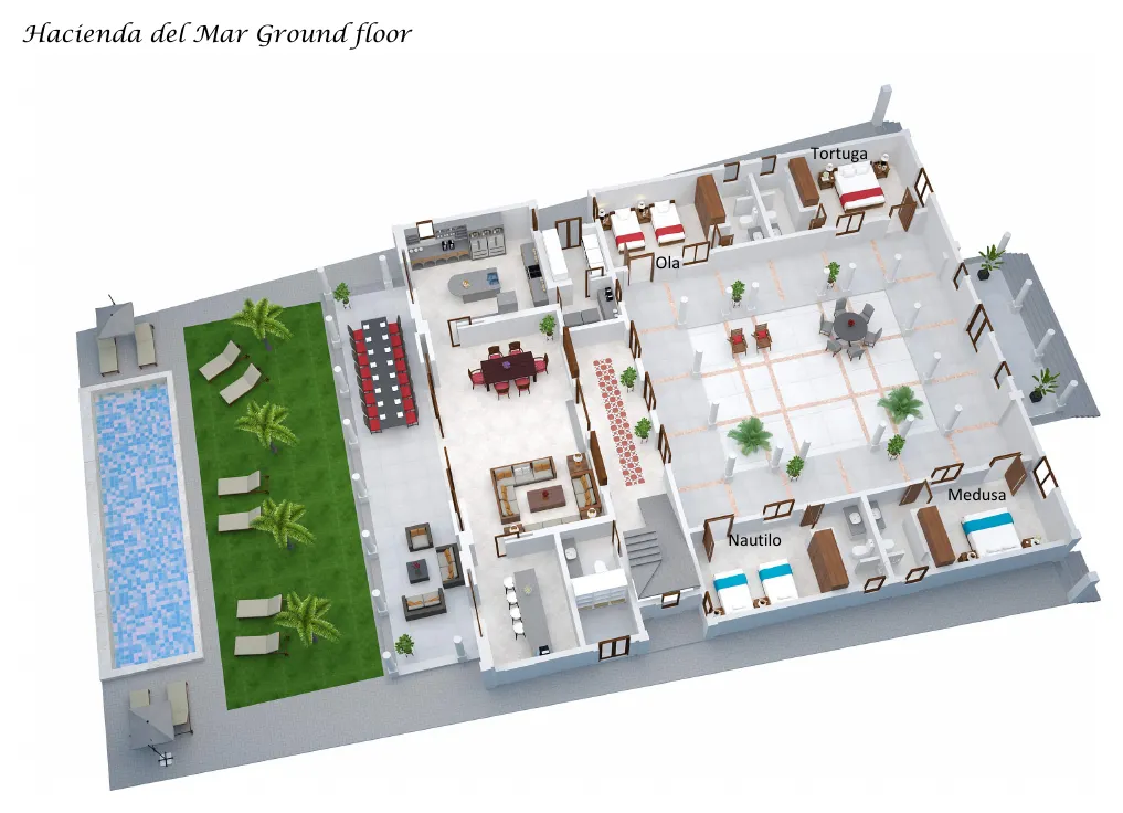 Floor plan of Hacienda Del Mar with the suite names