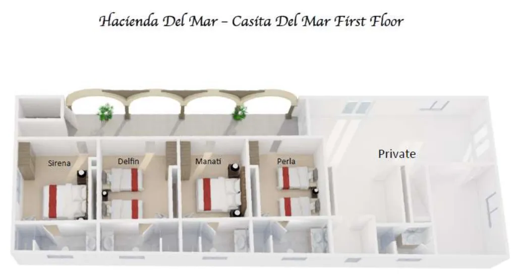 Floor plan of Hacienda Del Mar with the suite names