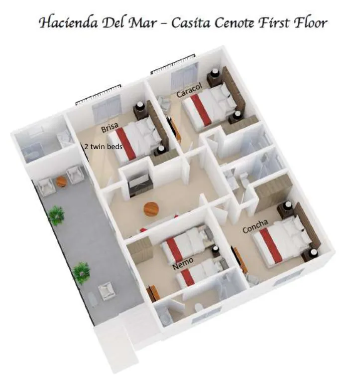 Floor plan of Hacienda Del Mar with the suite names