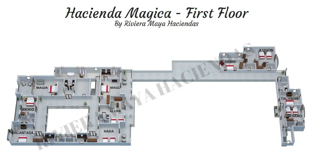 Floor plan of Hacienda Mágica with the suite names