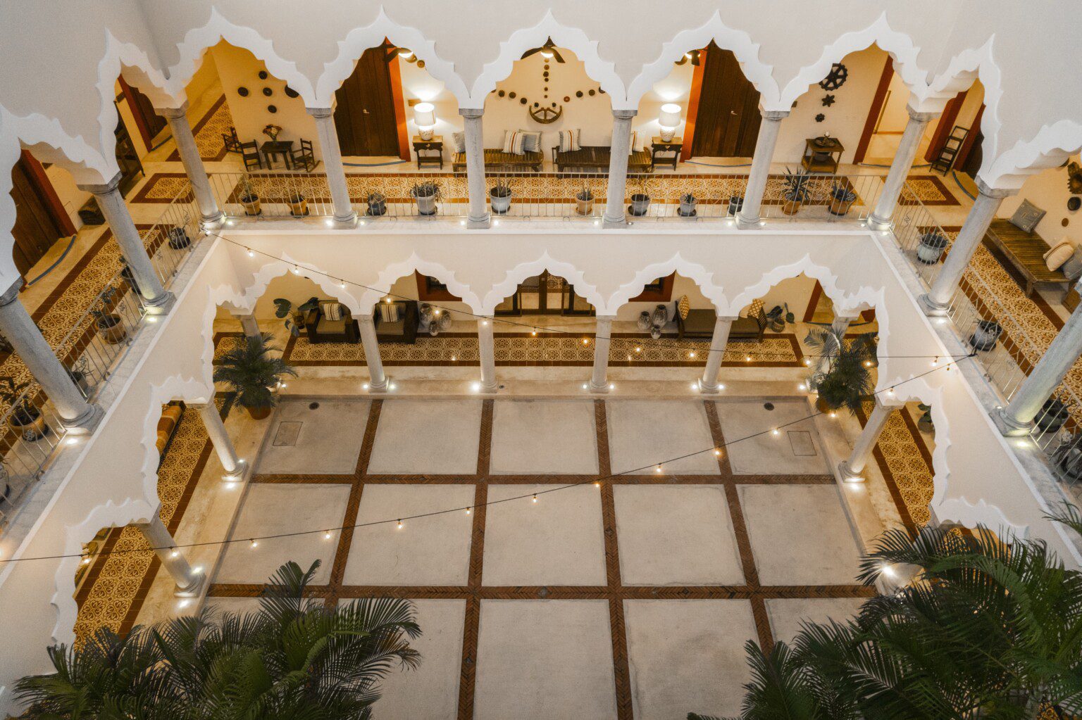A hacienda courtyard and its arches, seen from above