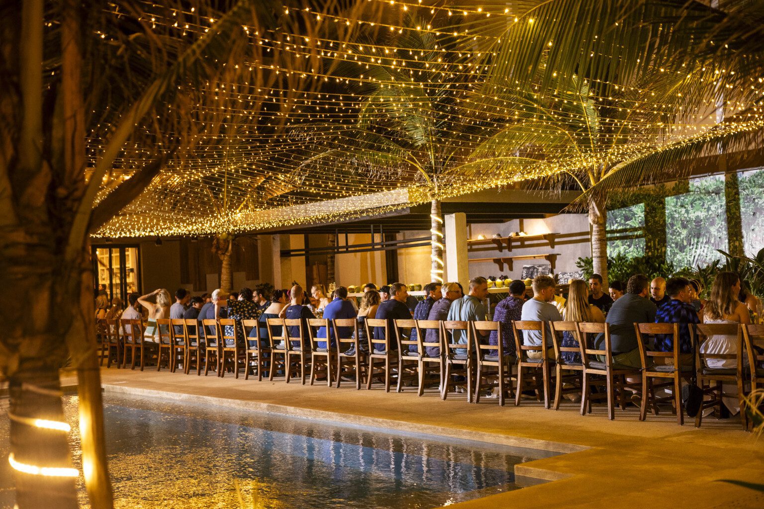 A company dinner at one long table under string lights
