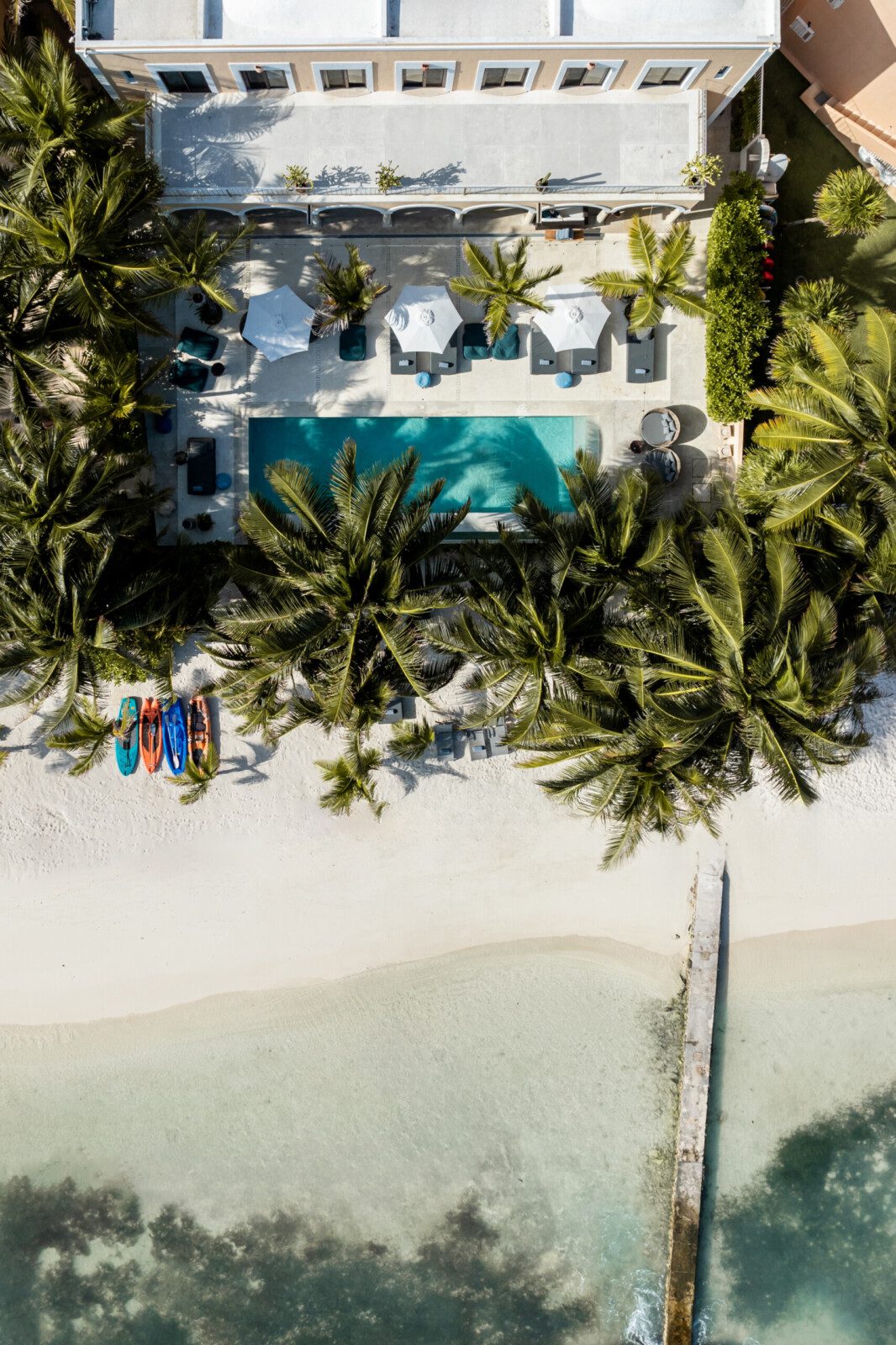 Hacienda Del Mar from above: the pool between the palms, the beach and the sea
