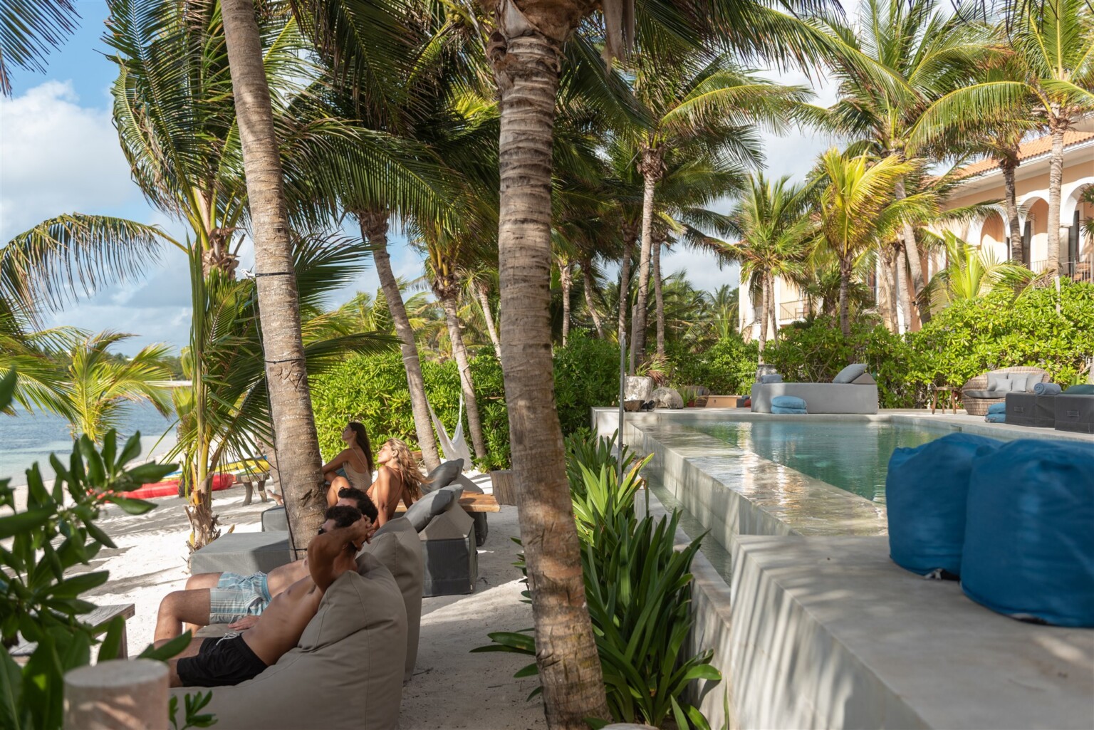Guests relaxing on loungers beside a long pool under the palms