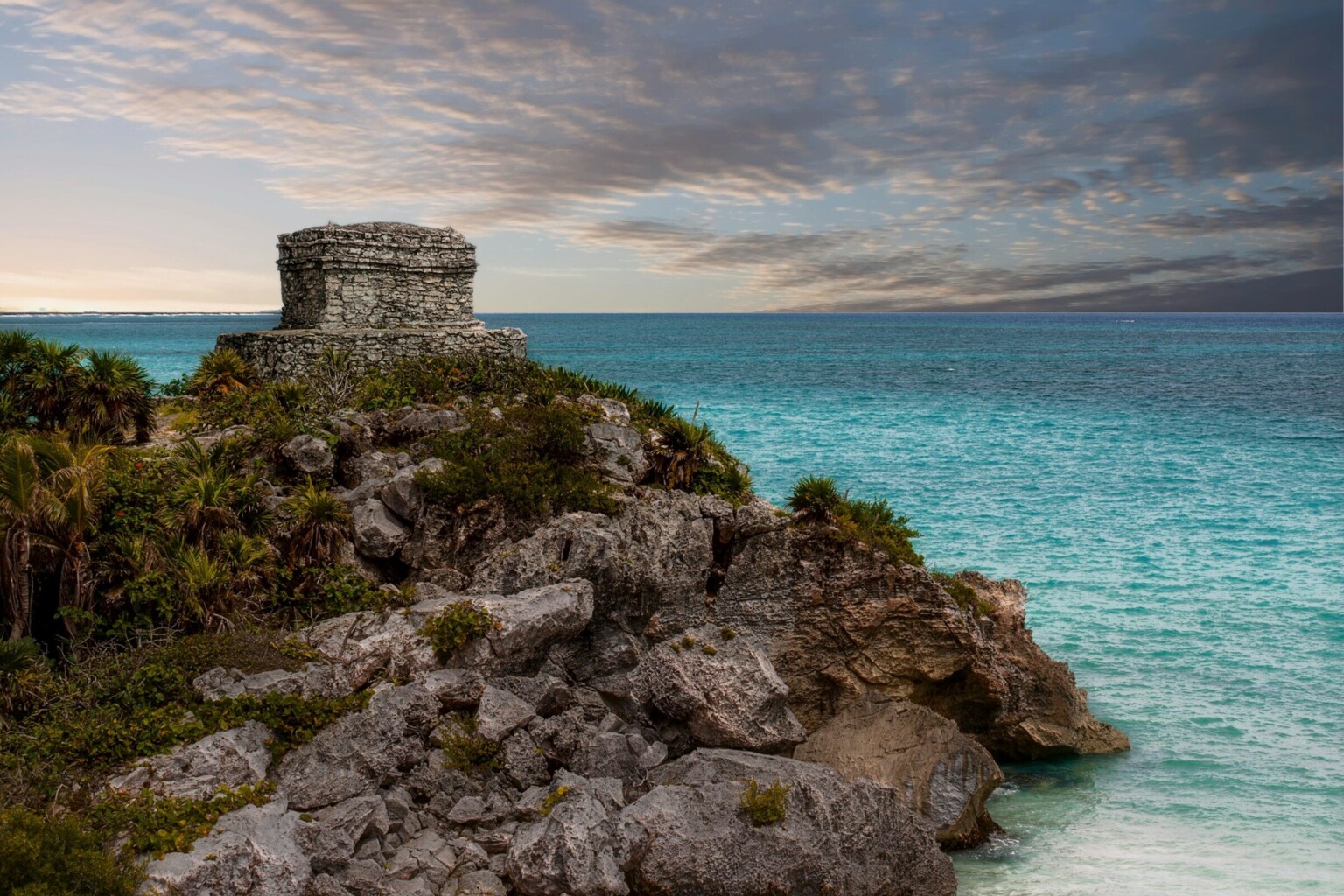 The Mayan ruins of Tulum on the cliff above the Caribbean