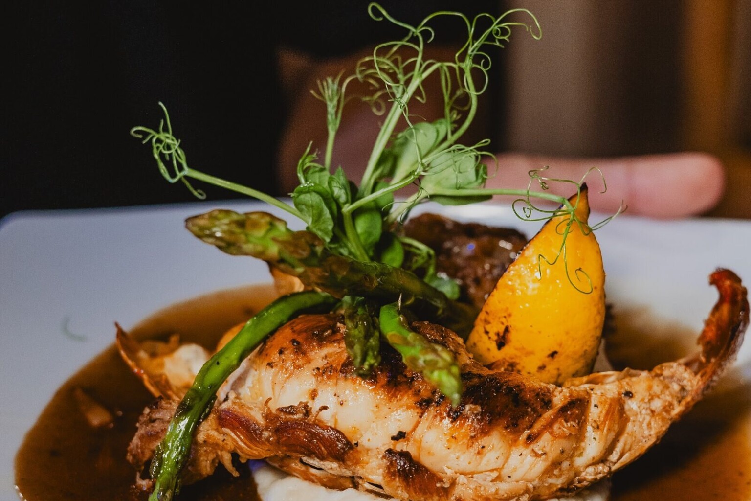 Grilled lobster tail with asparagus, presented by a server at a hacienda dinner