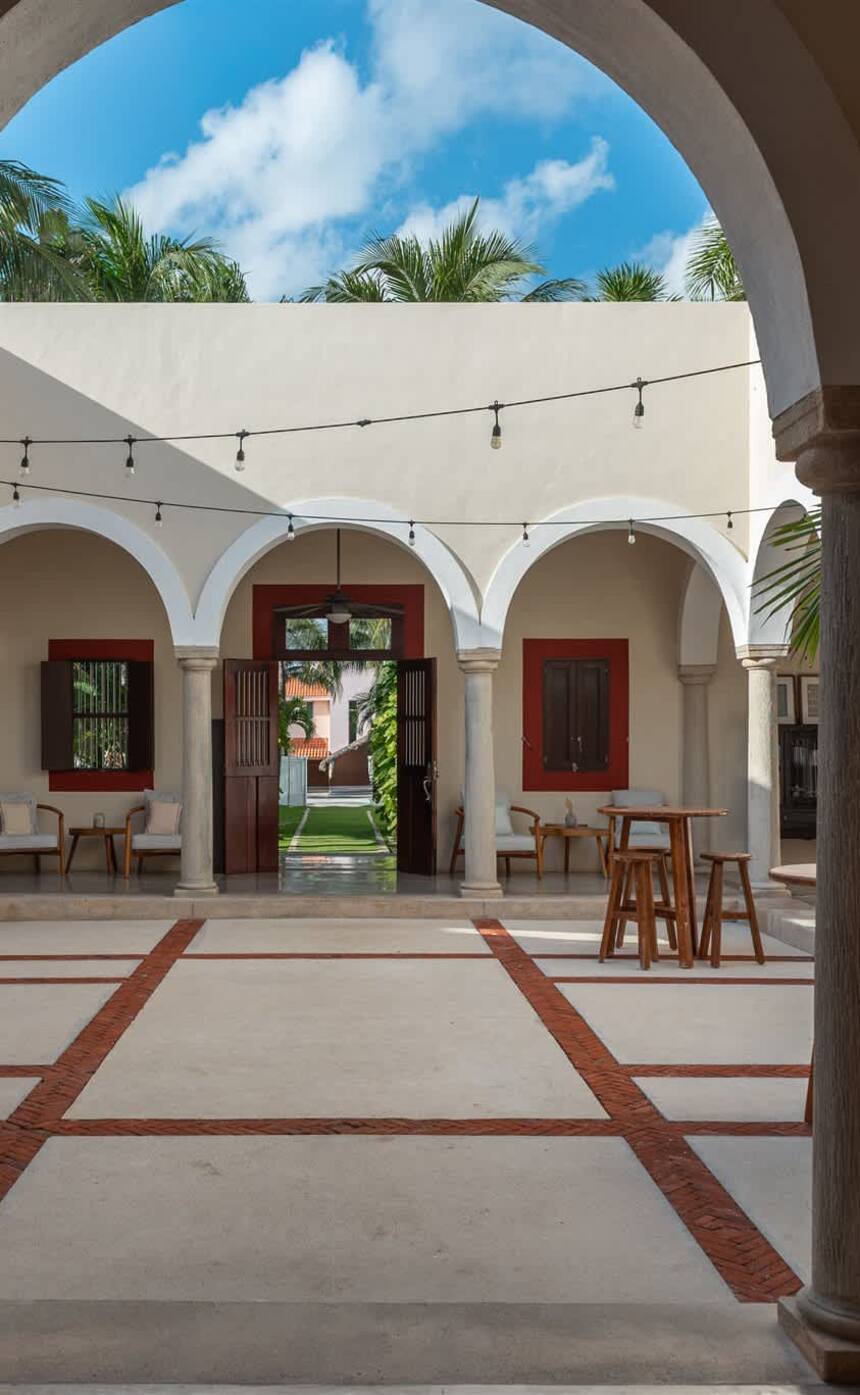 The courtyard at Hacienda Del Mar, seen through an arch