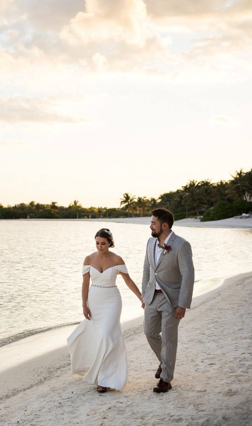 A bride and groom walking along the water’s edge at dusk